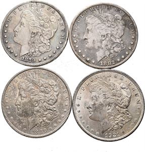 Lot 4 stk. dollarer 1879, 1882, 1886 og 1921