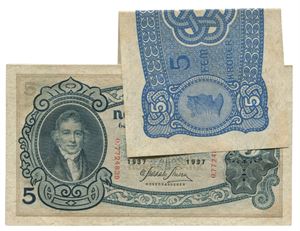 5 krner 1937. O7724830 til 39. 10 sedler i nummerrekkefølge. 8 stk. I kvalitet 0 og 2 stk. I 0/01