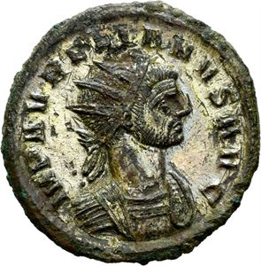Aurelian 270-275, antoninian, Serdica 274-275 e.Kr. R: Kvinnefigur presenterer trofe til keiseren