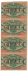 1 krone 1918/19 Kristiania Kommunale  Provianteringsraad, brendsel, 4 blokk.