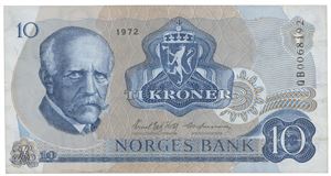 10 kroner 1972. QB0068192. Erstatningsseddel/replacement note