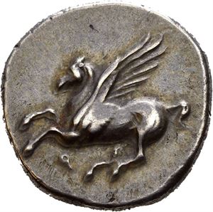 CORINTHIA, Corinth. Circa 345-307 BC. AR stater (8,47 g). Pegasus flying left, ? below / Head of Athena in Corinthian helmet to left; A below chin; behind Athena, panther walking left, Y above. Obverse struck with slightly worn dies. Deep iridescent tone with some earthen deposits. Appearently a very rare type.
