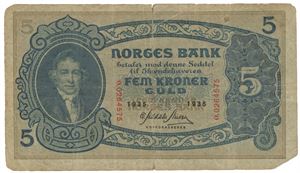 5 kroner 1935 O 0264457.  SS.  15 mm revne oppe, 5 mm rift nede, hjørne mangler.