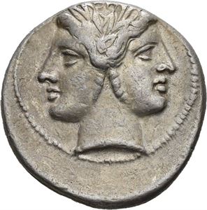 Ca. 225-215 f.Kr., quadrigatus. Janushode/Jupiter i quadriga mot venstre
