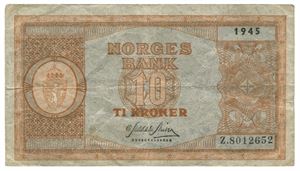 10 kroner 1945. Z8012652. RR. Erstatningsseddel/replacement note