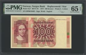 100 kroner 1977. HP0010402. Erstatningsseddel/replacement note