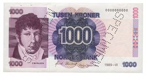 1000 kroner 1989. 0000000000. Stifthull/pin holes.