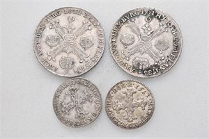 Lot 4 stk. 10 liards 1751 og 1789, 1/4 kronentaler 1788 H og 1793 B