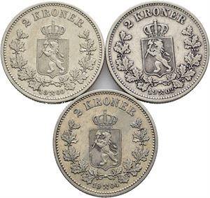 Norge, lot 3 stk. 2 kroner 1900, 1902 og 1904