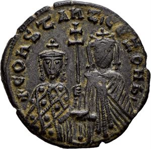 Constantin VII & Zoe 913-919, Æ follis, Constantinople. Byster av Constantin og Zoe/Skrift i 5 linjer