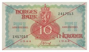 10 kroner 1944. Z417013. Kansellert med rødt kryss på begge sider