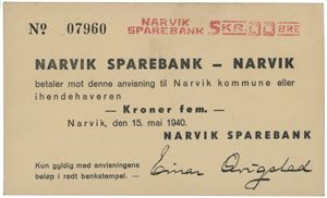 Narvik Sparebank. 5 kroner 1940.