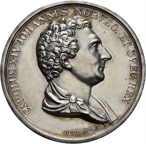 Carl XIV Johan, Vitenskapsselskapets store gullmedalje 1836. Lundgren. Galvano. Sølv. 42 mm. Renset/cleaned