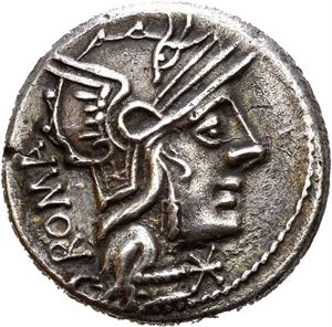 M. Caecilius Q.f. Metellus. 127 BC. AR denarius, Roma, (3,77 g). Helmeted head of Roma right, ROMA behind and value mark XVI below chin / Macedonian shield with elephant´s head at centre. M METELLVS Q F around shield, all within laurel wreath. Some cleaning marks and minor corrosion on the obverse. Well centered for type. Lightly toned.