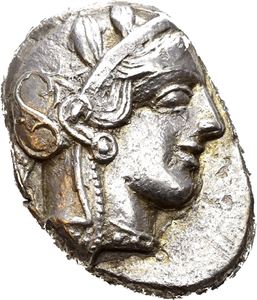 ATTICA, Athen. 454-404 BC. AR tetradrachm (16,91 g). Head of Athena in Attic helmet to right / ATE, Owl standing right, head facing; Olive spray and crescent to left. All within incuse square. Irregular flan. Minor roughness and traces of die rust on reverse field. Lusterous and lightly toned.