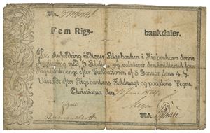 Norway. 5 rigsbankdaler 12. januar 1814. No. 374644b. Rifter, hull og skitten/tears, holes and dirty