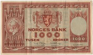 1000 kroner 1958. A1263987. To små hull/two minor holes
