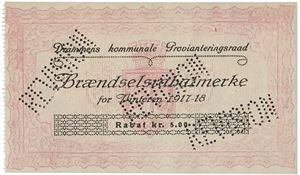 Drammens Kommunale Provianteringsraad, Brændselsrabatmerke for vinteren 1917/1918. Perforert: REVISION