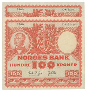 100 kroner 1960. H.0352667-68. 2 stk. i nummerrekkefølge
