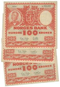 Lot 3 stk. 100 kroner 1956 E, 1957 E og 1959 G