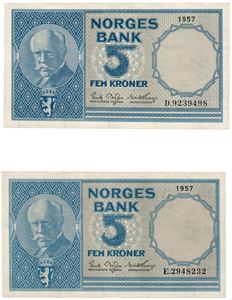 Lot 2 stk. 5 kroner 1957 D9239498 og E2948232