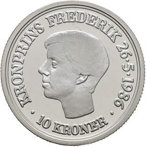 Danmark, Margrethe II, 10 kroner 1986. Kronprins Frederiks 218 års dag. Sølv