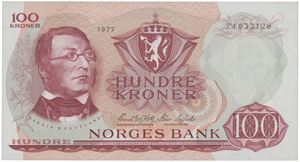 100 kroner 1977. Z1032126. Erstatningsseddel/replacement note.