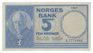 Norway. 5 kroner 1957. E7771981. Liten flekk/minor spot