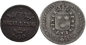 1/4 rigsdaler 1834, samt 1/6 skilling 1830