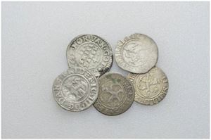 Lot 5 stk. 2 skilling 1650, 1659, 1667, 1691 og 1705.