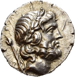 LYCIA, Oinoanda. Circa 200 BC. AR didrachm (8.13 g). Laureate head of Zeus right, B and sceptre behind head / OINOAN/&Delta;?WN, eagle standing right on winged thunderbolt; &Gamma; (g) and grape bunch to right. An outstanding specimen with sharp strike on good metal. Light iridescent toning.