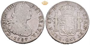 Carl IV. 8 reales 1807 TH. Mexico City. Riper på advers og lite kontramerke / scratches on obverse and small chopmark