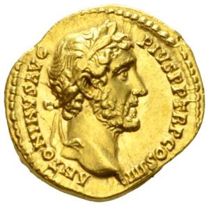 ANTONINUS PIUS 138-161, aureus, Roma 146 e.Kr. (7,27 g). R: Roma sittende mot venstre