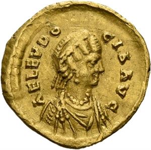 Eudocia g.m. Theodosius II, tremissis (1,42 g). Constantinople 423-430 e.Kr. R: Kors i krans