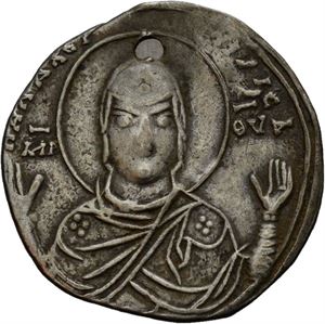 Constantin IX Monomachus 1042-1055, 2/3 miliaresion, Constantinople. Byste av Jomfruen/Skrift i 4 linjer. Perforert og klippet/pierced and clipped. Meget sjelden/very rare