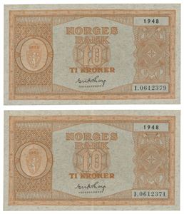 Lot 2 stk. 10 kroner 1948 I