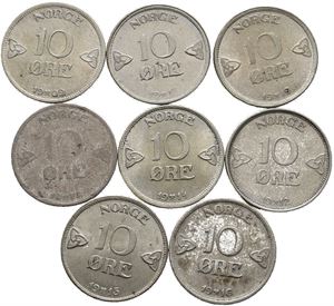 10 øre 1909, 11, 12, 14, 15, 16, 18 og 19 med noen varianter