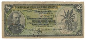 Danish West Indies. 5 francs 1905. No.308325. Lite senterhull, margrift og spor etter binders