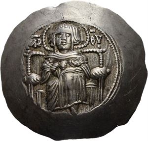 Isaac II Angelus 1185-1195, electrum aspron trachy, Constantinople. (3,40 g). Jomfruen på trone/Erkeengel Michael og Isaac stående