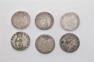 Norge, Christian VII, lot 6 stk. 2 skilling 1779, 1782, 1784, 1786, 1787 og 1788