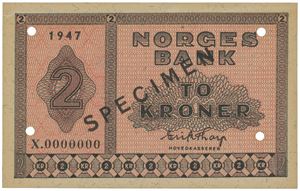 2 kroner 1947 X.0000000. Stemplet SPECIMEN i sort og perforert med 4 hull.