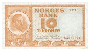 10 kroner 1968. X2639391. Erstatningsseddel