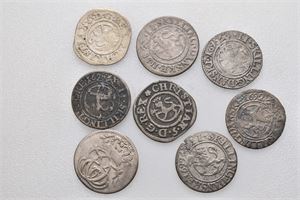 Norge, Christian V, lot 8 stk. 2 skilling 1676, 1682, 1687, 1688, 1692, 1695, 1698 og 1699