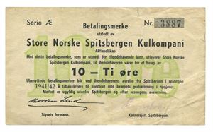 10 øre 1941/42. Serie Æ. Nr.3887. Små rifter, blekkstreker på revers/inkwriting on reverse. Uten stempel