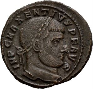 Maxentius 306-312, Æ follis, Ostia, 309-312 e.Kr. R: Dioscurene stående mot hverandre