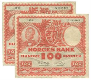 Lot 2 stk. 100 kroner 1958 G og 1959 G