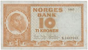 10 kroner 1967 X 1428235.   Erstatningsseddel.