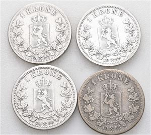 Oscar II, lot 4 stk. 1 krone 1889, 1890, 1892 og 1893