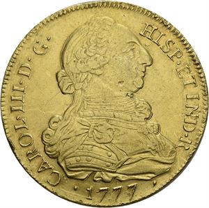 Carl III, 8 escudos 1777 P. Små riper/minor scratches