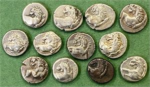 LOT #3. 12 hemidrachms from Chersonesos. All with different motifs. Some nicely toned. Total of 12 coins in lot.